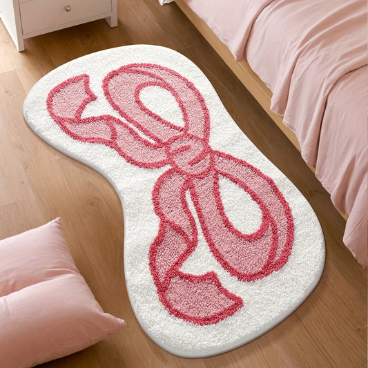 1pc Fluffy Bath Rug, Extra Soft Absorbent Bathroom Mat with Pink Bow
