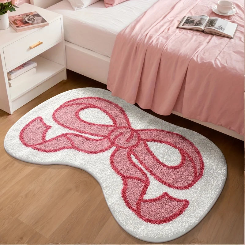 1pc Fluffy Bath Rug, Extra Soft Absorbent Bathroom Mat with Pink Bow
